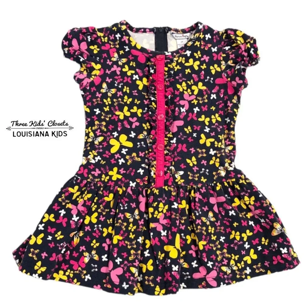 Hartstrings 2T Navy, Yellow & Pink Butterfly Dress